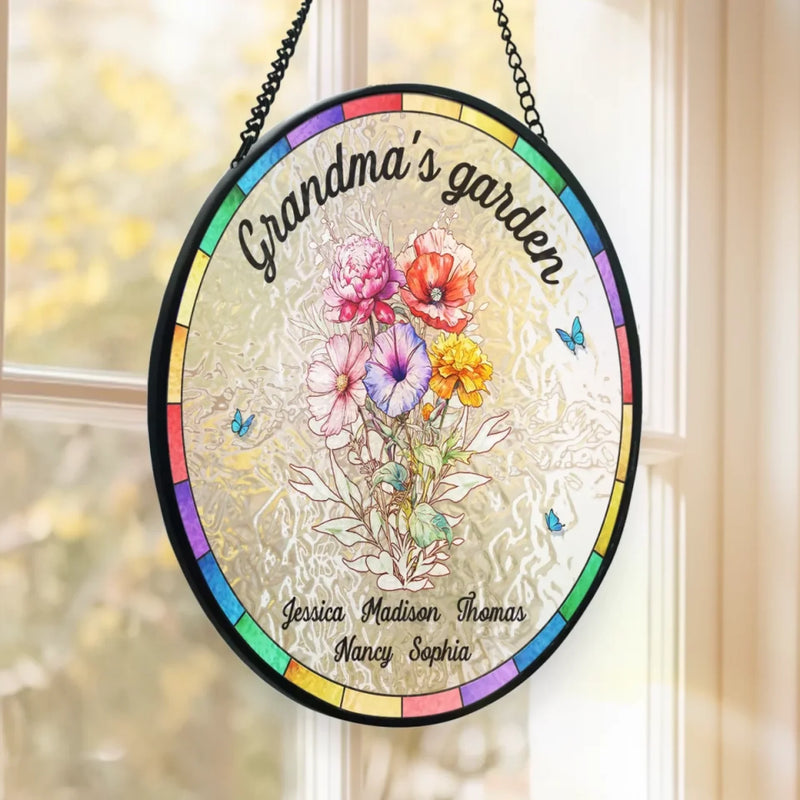Growing Love, One Flower At A Time - Family Personalized Custom Stained Glass Window Hanging Suncatcher - Mother's Day, Gift For Mom, Grandma