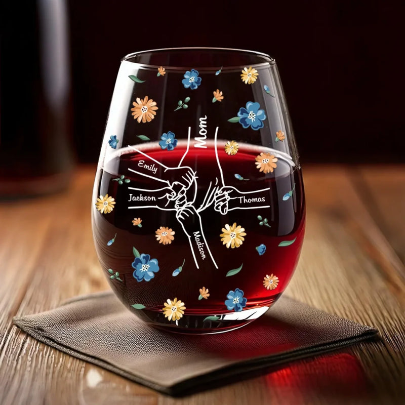 Held Together By Love - Family Personalized Custom Wine Glass - Mother's Day, Gift For Mom, Grandma