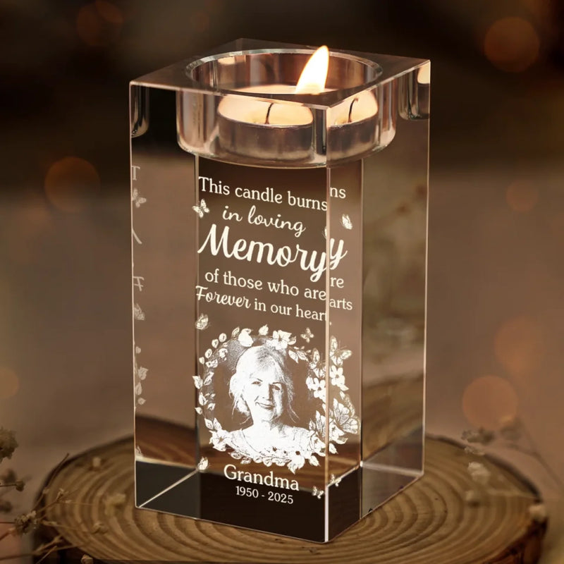 Custom Photo You Stay Forever In Our Hearts - Memorial Personalized Custom 3D Crystal Photo Laser Engraved, Crystal Candle Holder - Sympathy Gift For Family Members
