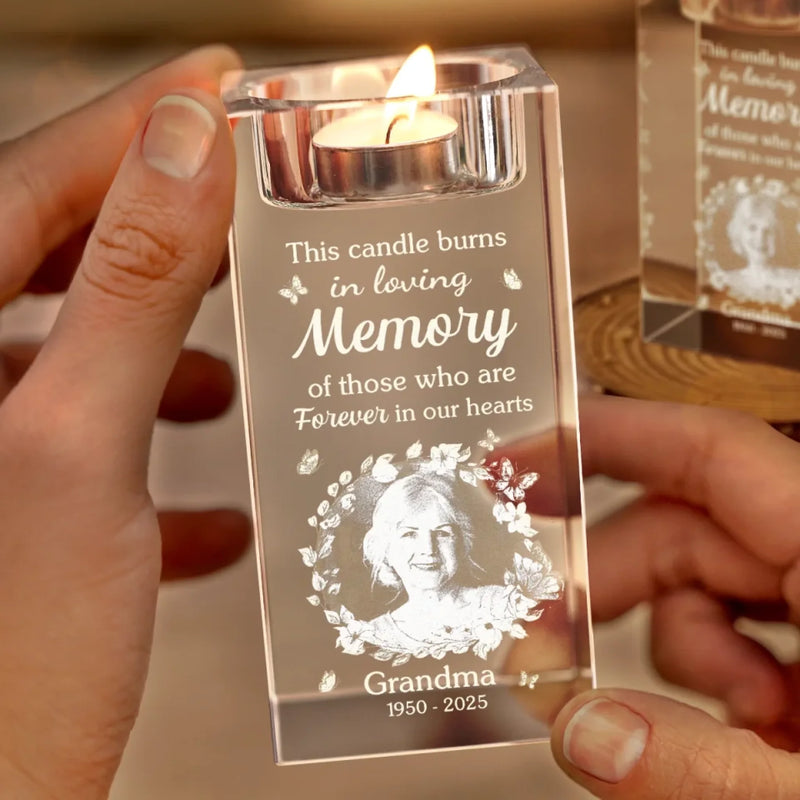 Custom Photo You Stay Forever In Our Hearts - Memorial Personalized Custom 3D Crystal Photo Laser Engraved, Crystal Candle Holder - Sympathy Gift For Family Members