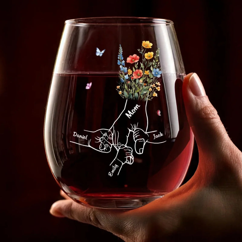Mom’s Love Binds Us Forever - Family Personalized Custom Wine Glass - Mother's Day, Gift For Mom, Grandma