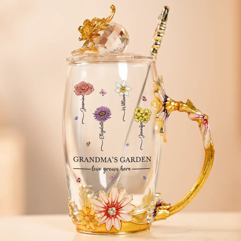 Love Grows Here - Family Personalized Custom Enamel Flower Tea Cup With Lid & Spoon - Mother's Day, Gift For Mom, Grandma