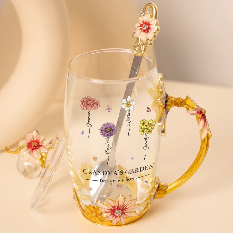 Love Grows Here - Family Personalized Custom Enamel Flower Tea Cup With Lid & Spoon - Mother's Day, Gift For Mom, Grandma
