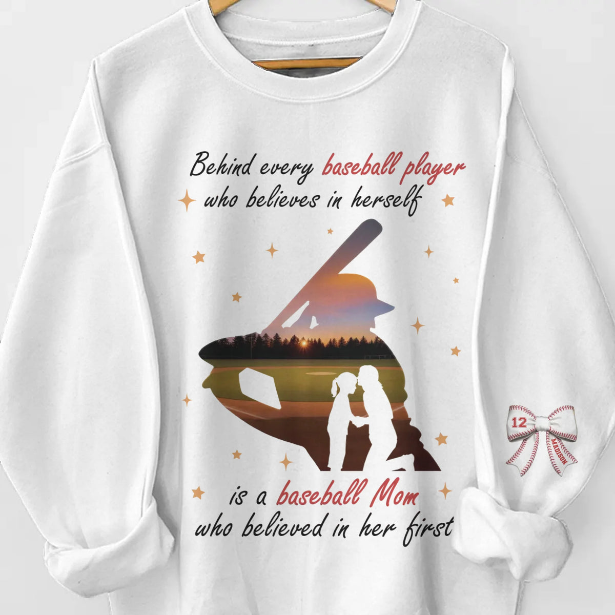 Every Baseball Star Shines With A Mom's Love - Family Personalized Custom Unisex Sweatshirt, Hoodie With Design On Sleeve - Mother's Day, Gift For Mom, Sport Lovers, Sport Players