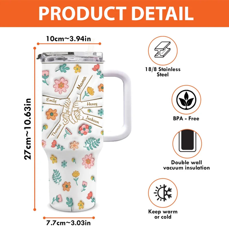 Holding Love, One Sip At A Time - Family Personalized Custom 3D Inflated Effect Printed 40 Oz Stainless Steel Tumbler With Handle - Mother's Day, Gift For Mom, Grandma