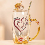 Grandma’s Heart Overflows With Love - Family Personalized Custom Enamel Flower Tea Cup With Lid & Spoon - Mother's Day, Gift For Mom, Grandma