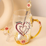 Grandma’s Heart Overflows With Love - Family Personalized Custom Enamel Flower Tea Cup With Lid & Spoon - Mother's Day, Gift For Mom, Grandma