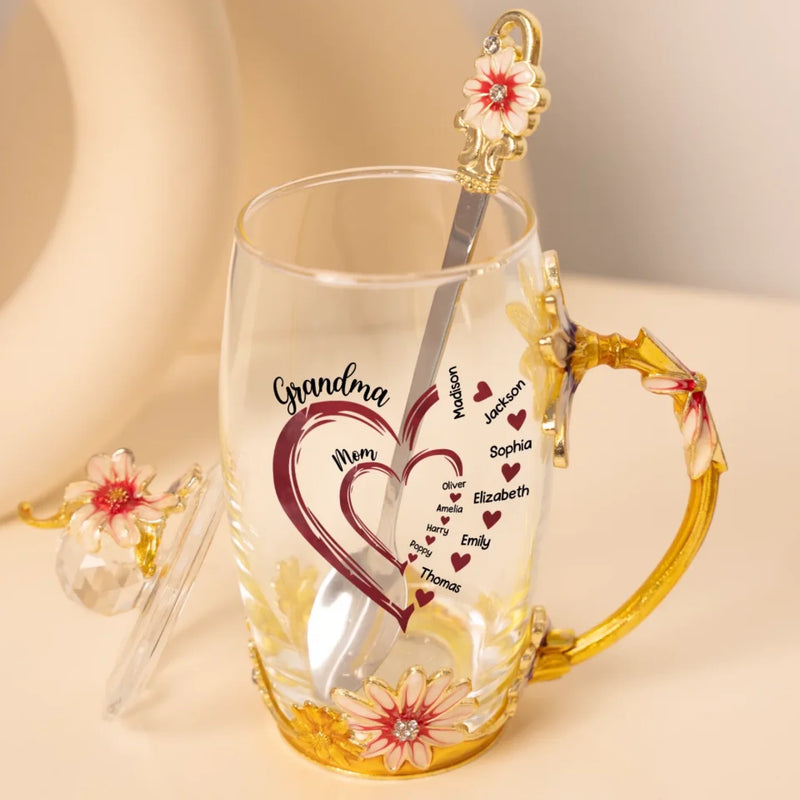 Grandma’s Heart Overflows With Love - Family Personalized Custom Enamel Flower Tea Cup With Lid & Spoon - Mother's Day, Gift For Mom, Grandma