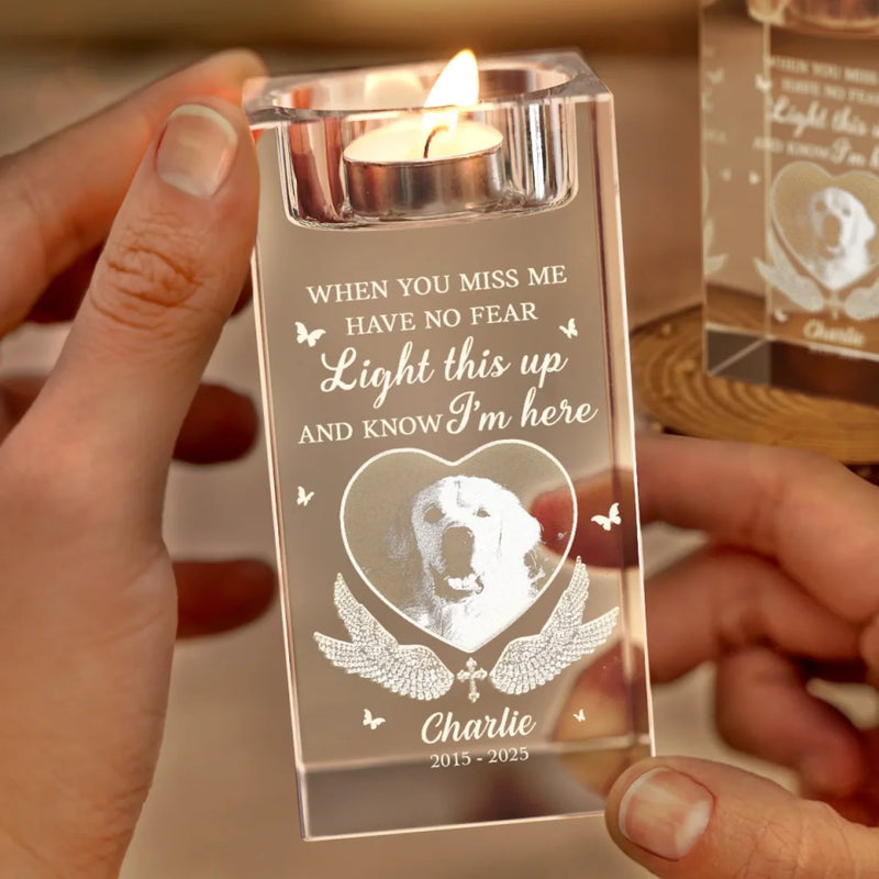 Custom Photo Love Never Leaves, It Lights Up Forever - Memorial Personalized Custom 3D Crystal Photo Laser Engraved, Crystal Candle Holder - Sympathy Gift For Pet Owners, Pet Lovers