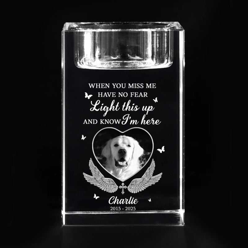 Custom Photo Love Never Leaves, It Lights Up Forever - Memorial Personalized Custom 3D Crystal Photo Laser Engraved, Crystal Candle Holder - Sympathy Gift For Pet Owners, Pet Lovers