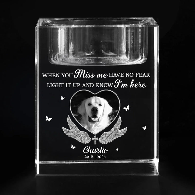Custom Photo Love Never Leaves, It Lights Up Forever - Memorial Personalized Custom 3D Crystal Photo Laser Engraved, Crystal Candle Holder - Sympathy Gift For Pet Owners, Pet Lovers