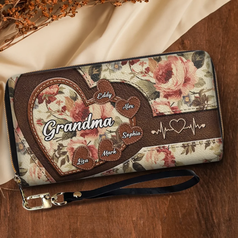 The Heart Of The Family - Family Personalized Custom Leather Long Wallet - Mother's Day, Gift For Mom, Grandma