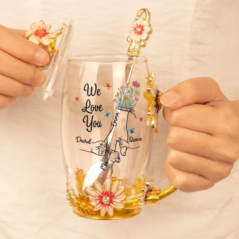 Holding Onto Love - Family Personalized Custom Enamel Flower Tea Cup With Lid & Spoon - Mother's Day, Gift For Mom, Grandma