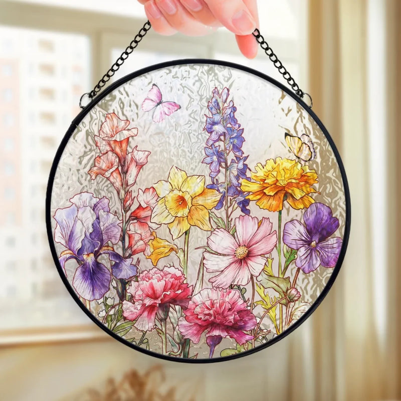 Her Love Blooms In Every Season - Family Personalized Custom Stained Glass Window Hanging Suncatcher - Mother's Day, Gift For Mom, Grandma