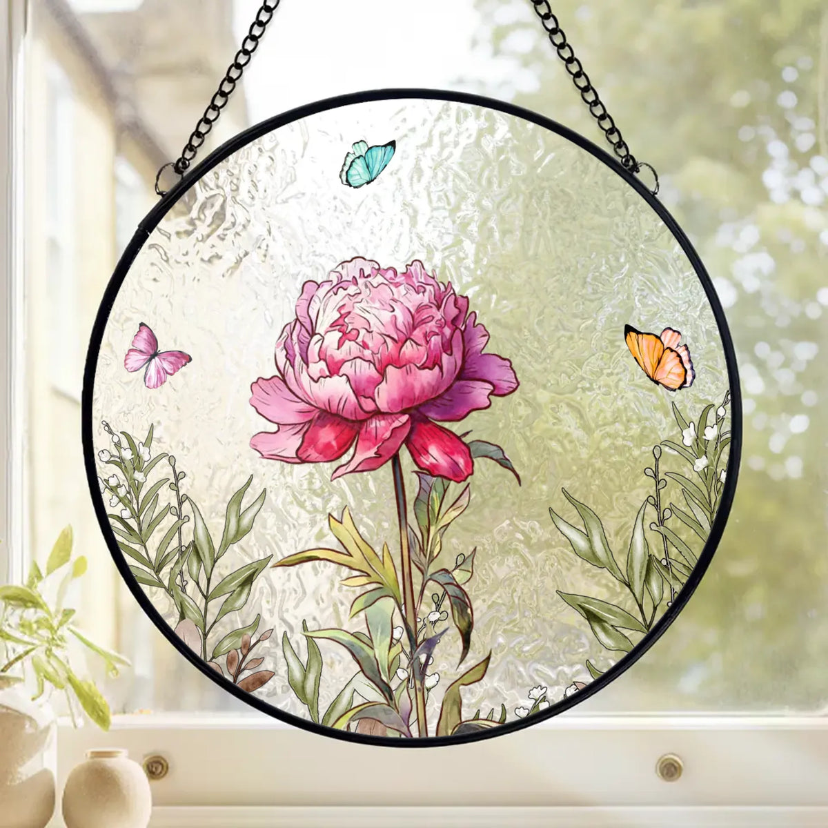 Her Love Blooms In Every Season - Family Personalized Custom Stained Glass Window Hanging Suncatcher - Mother's Day, Gift For Mom, Grandma