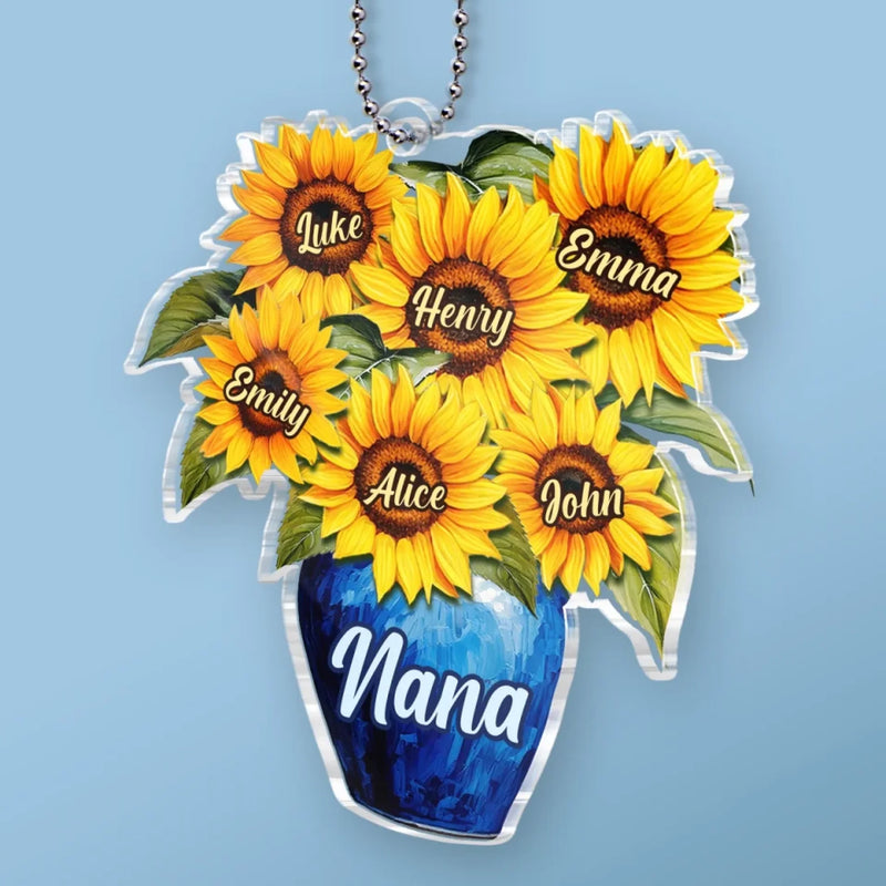 Sunflowers And Love For Mom - Family Personalized Custom Car Ornament - Acrylic Custom Shaped - Mother's Day, Gift For Mom, Grandma