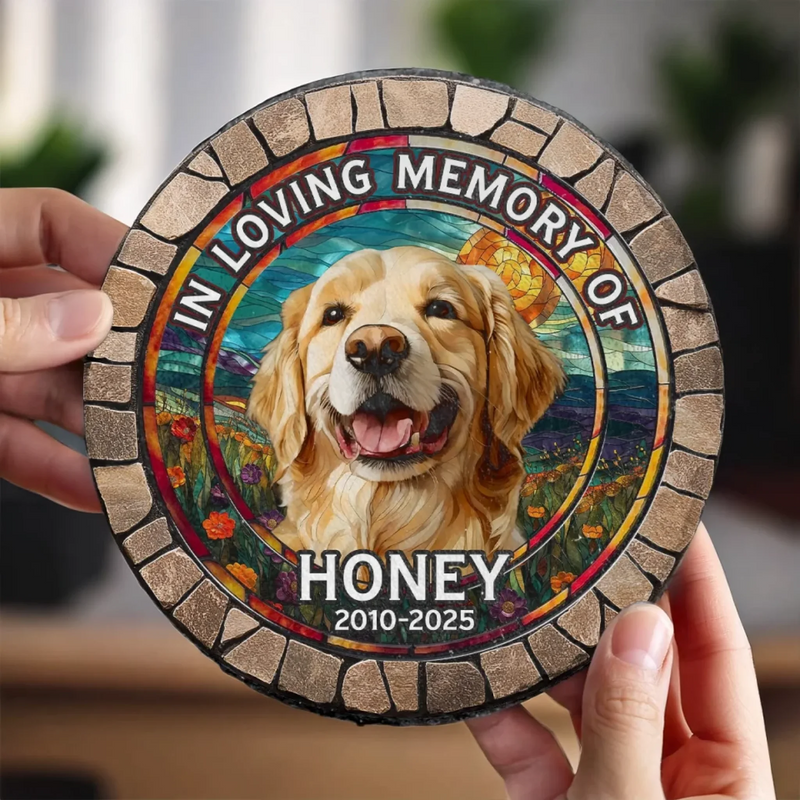Custom Photo My Pawprints May No Longer Be In Your House - Memorial Personalized Custom 3D Mosaic Faux Stained Glass Print Round Shaped Memorial Stone - Sympathy Gift For Pet Owners, Pet Lovers