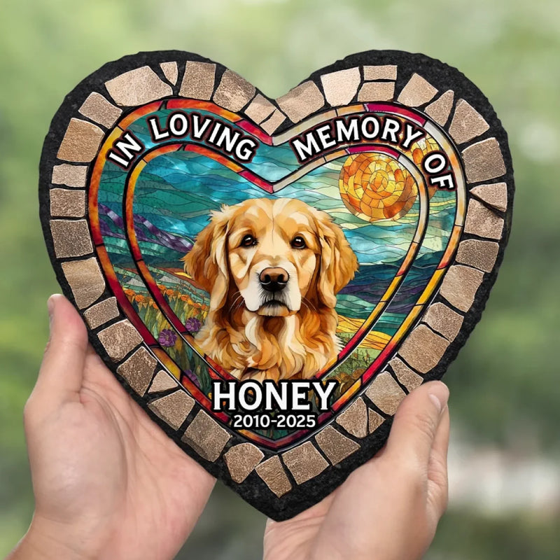 Custom Photo In Loving Memory Of - Memorial Personalized Custom 3D Mosaic Faux Stained Glass Print Heart Shaped Stone With Stand - Sympathy Gift For Pet Owners, Pet Lovers
