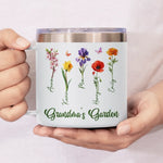 Her Garden Grows With Laughter & Little Feet - Family Personalized Custom 14oz Stainless Steel Tumbler With Handle - Mother's Day, Gift For Grandma