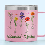 Her Garden Grows With Laughter & Little Feet - Family Personalized Custom 14oz Stainless Steel Tumbler With Handle - Mother's Day, Gift For Grandma
