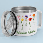 Her Garden Grows With Laughter & Little Feet - Family Personalized Custom 14oz Stainless Steel Tumbler With Handle - Mother's Day, Gift For Grandma