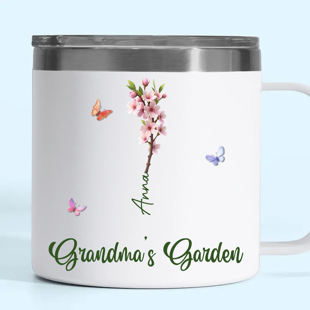 Her Garden Grows With Laughter & Little Feet - Family Personalized Custom 14oz Stainless Steel Tumbler With Handle - Mother's Day, Gift For Mom, Grandma