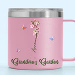 Her Garden Grows With Laughter & Little Feet - Family Personalized Custom 14oz Stainless Steel Tumbler With Handle - Mother's Day, Gift For Grandma