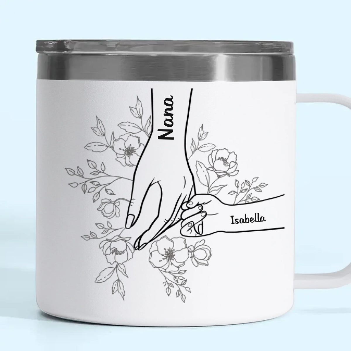 Forever Her Children, Forever In Her Hands - Family Personalized Custom 14oz Stainless Steel Tumbler With Handle - Mother's Day, Gift For Mom, Grandma