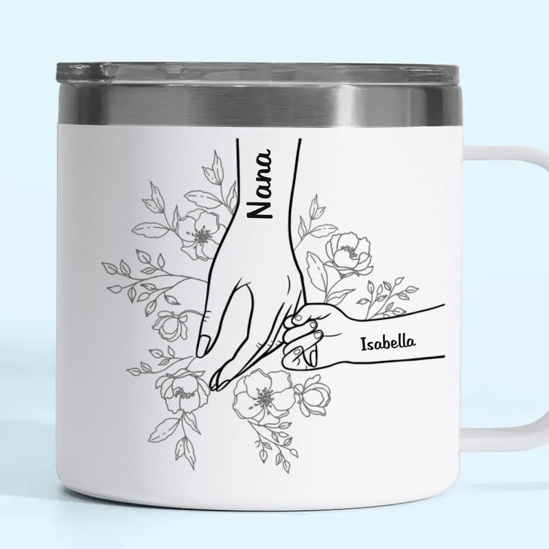 Forever Her Children, Forever In Her Hands - Family Personalized Custom 14oz Stainless Steel Tumbler With Handle - Mother's Day, Gift For Mom, Grandma