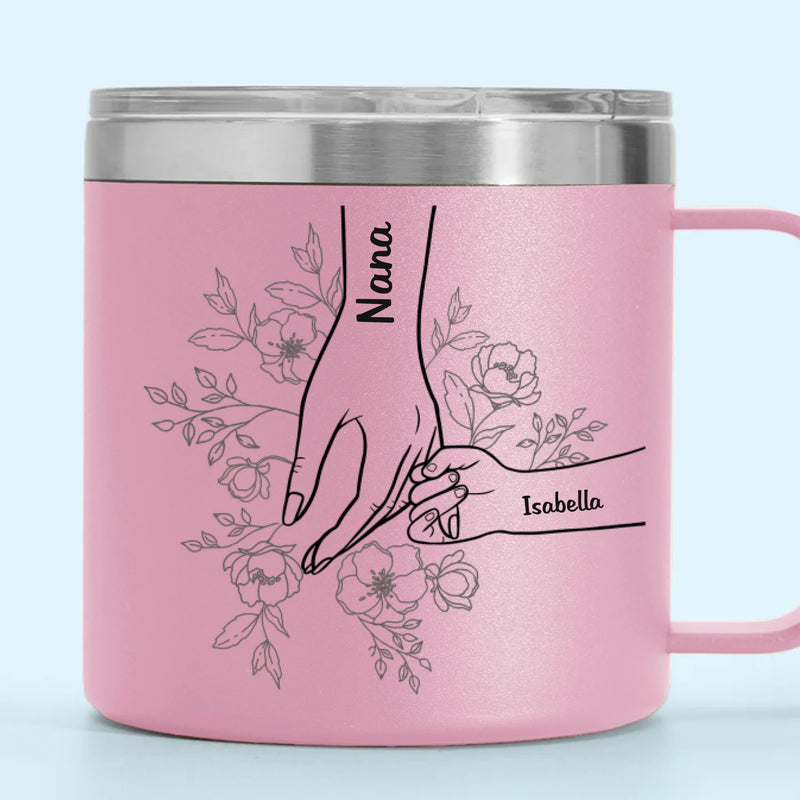 Forever Her Children, Forever In Her Hands - Family Personalized Custom 14oz Stainless Steel Tumbler With Handle - Mother's Day, Gift For Mom, Grandma