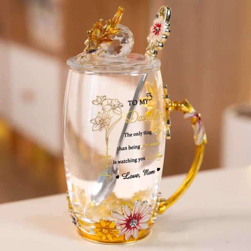 Every Step You Take Is A Mother's Pride - Family Personalized Custom Enamel Flower Tea Cup With Lid & Spoon - Mother's Day, Gift For Mom, Daughter