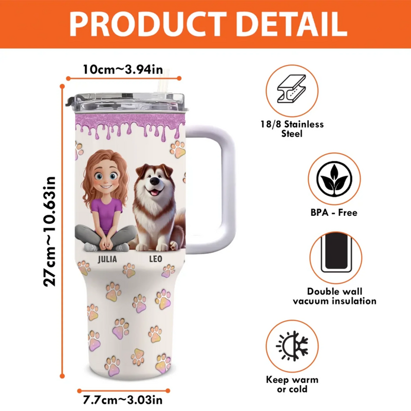 A Dog Mom's Heart Is Always At Home - Dog Personalized Custom 3D Inflated Effect Printed 40 Oz Stainless Steel Tumbler With Handle - Gift For Pet Owners, Pet Lovers