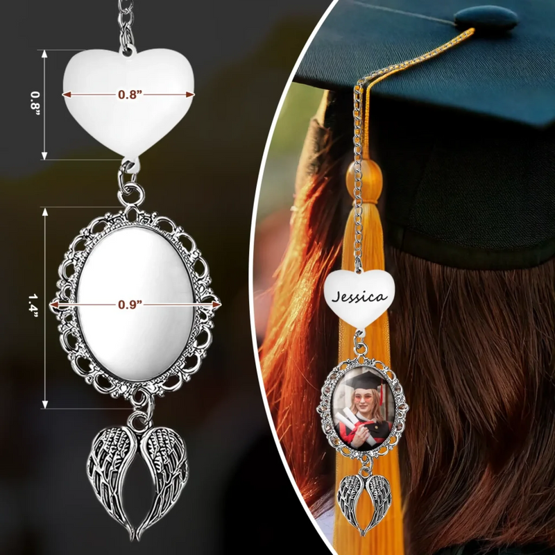 Custom Photo Forever In My Heart - Memorial Personalized Custom Graduation Tassel Heart & Angel Wing Charm - Sympathy Gift For Family Members