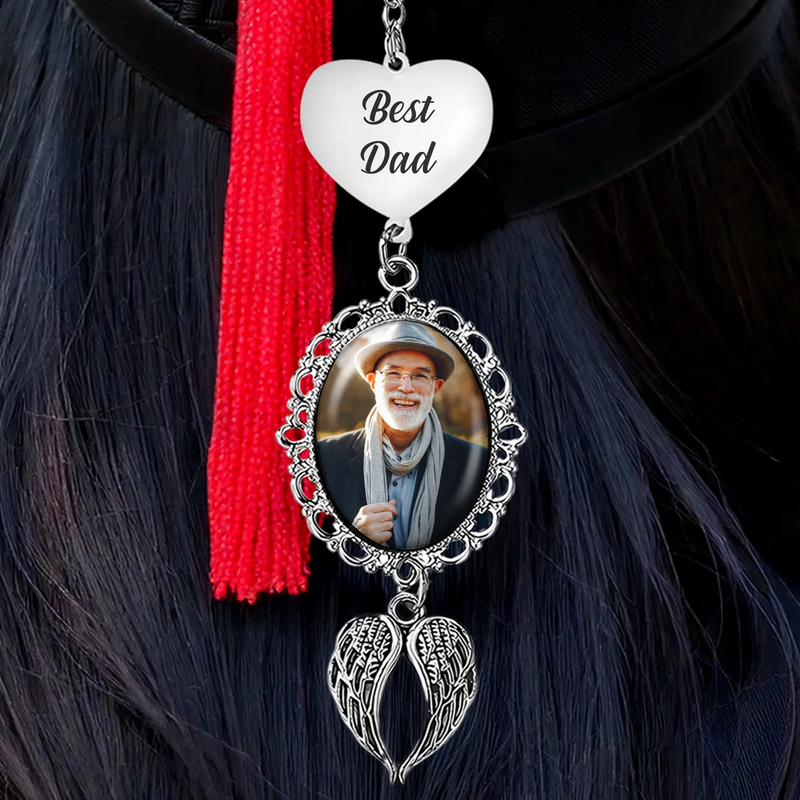 Custom Photo Forever In My Heart - Memorial Personalized Custom Graduation Tassel Heart & Angel Wing Charm - Sympathy Gift For Family Members