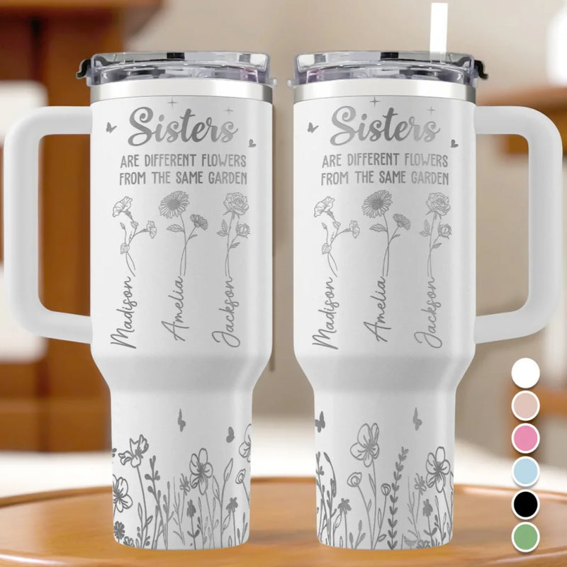 Friendship Blooms In The Heart - Bestie Personalized Custom Engraved 40oz Tumbler With Handle - Gift For Best Friends, BFF, Sisters