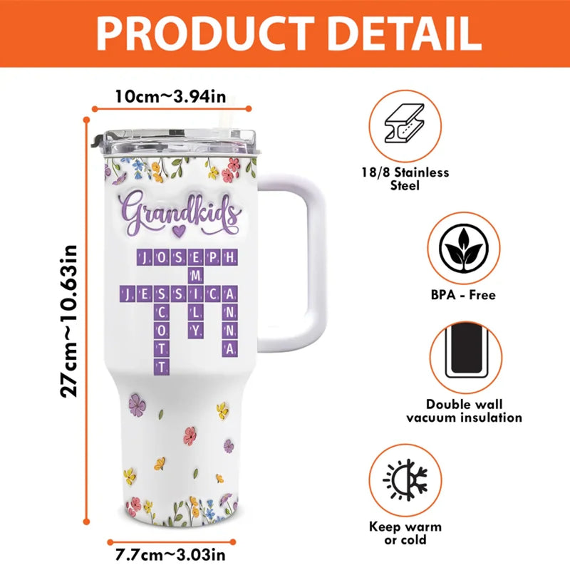 My Heart In Crossword Form - Family Personalized Custom 3D Inflated Effect Printed 40 Oz Stainless Steel Tumbler With Handle - Mother's Day, Gift For Mom, Grandma