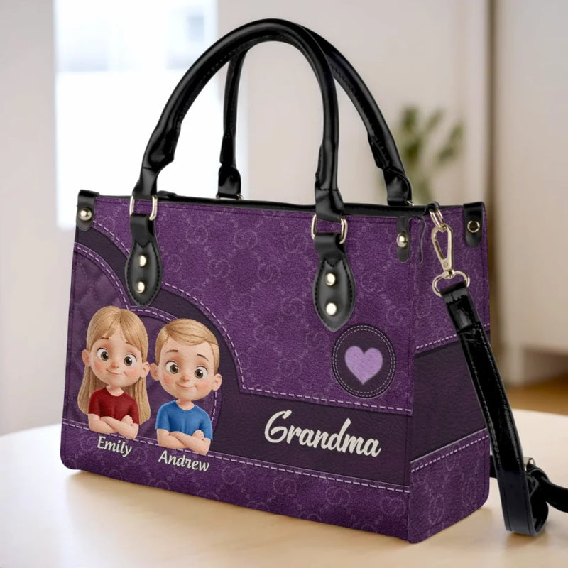 Love You, Grandma - Family Personalized Custom Leather Handbag - Mother's Day, Gift For Mom, Grandma
