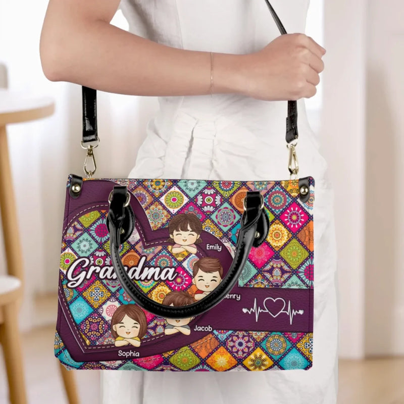 Love, Laughter, And Grandma - Family Personalized Custom Leather Handbag - Mother's Day, Gift For Mom, Grandma