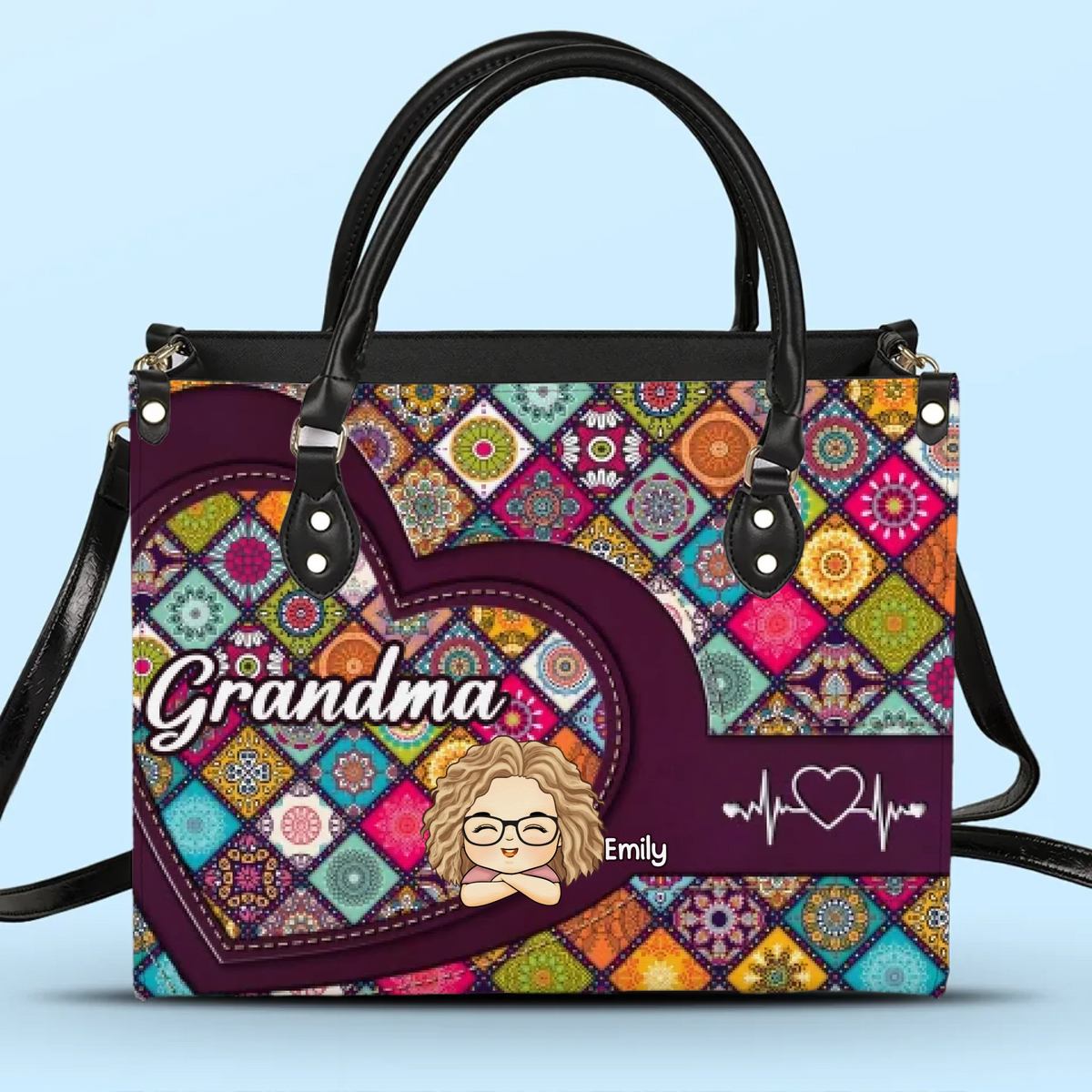Love, Laughter, And Grandma - Family Personalized Custom Leather Handbag - Mother's Day, Gift For Mom, Grandma