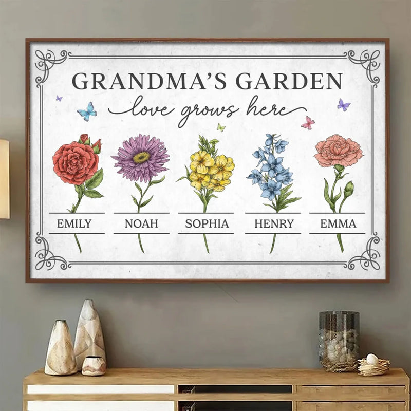 Watered By Hugs & Sunshine - Family Personalized Custom Horizontal Poster - Mother's Day, Gift For Mom, Grandma