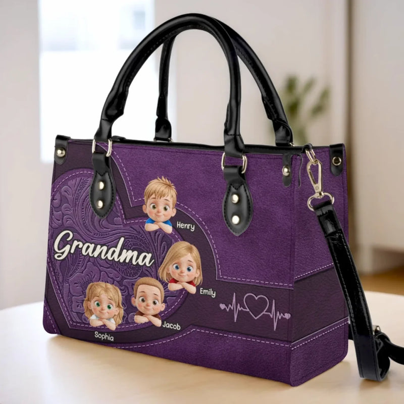 My Grandkids, My Joy - Family Personalized Custom Leather Handbag - Mother's Day, Gift For Mom, Grandma