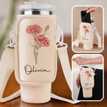 Grow Strong, Flourish Like A Flower - Family Personalized Custom Neoprene Water Bottle Carrier With Pocket - Gift For Women