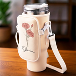 Grow Strong, Flourish Like A Flower - Family Personalized Custom Neoprene Water Bottle Carrier With Pocket - Gift For Women