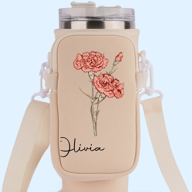Grow Strong, Flourish Like A Flower - Family Personalized Custom Neoprene Water Bottle Carrier With Pocket - Gift For Yourself, Best Friends, Siblings, Family Members