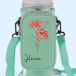Grow Strong, Flourish Like A Flower - Family Personalized Custom Neoprene Water Bottle Carrier With Pocket - Gift For Women