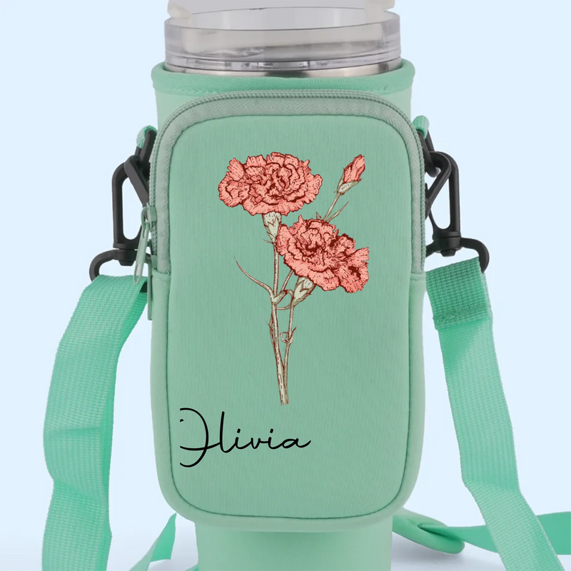 Grow Strong, Flourish Like A Flower - Family Personalized Custom Neoprene Water Bottle Carrier With Pocket - Gift For Yourself, Best Friends, Siblings, Family Members