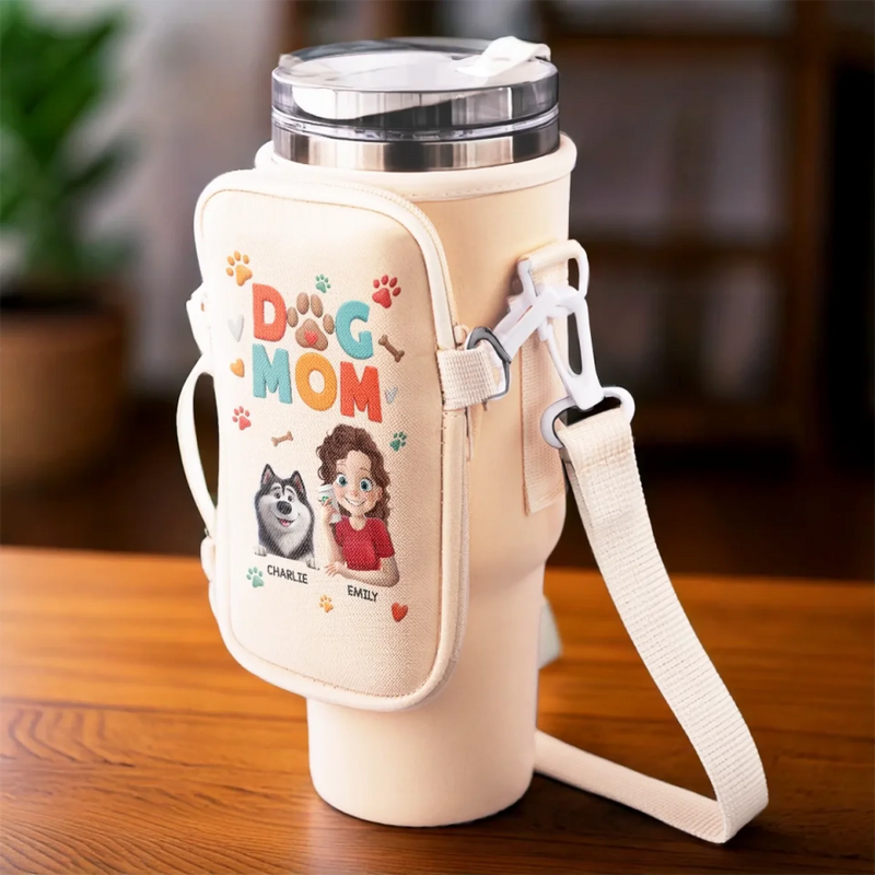 Dog Mom Vibes Only - Dog Personalized Custom Neoprene Water Bottle Carrier With Pocket - Mother's Day, Gift For Pet Owners, Pet Lovers
