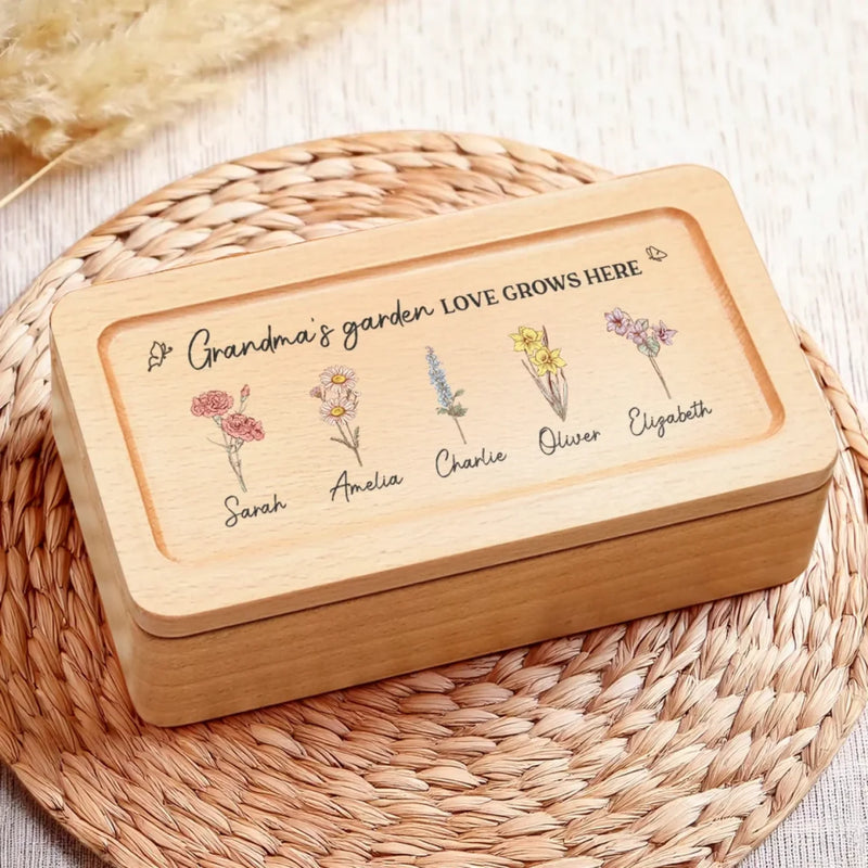 Grandma's Favorite Garden - Family Personalized Custom Wooden Jewelry Box - Mother's Day, Gift For Mom, Grandma