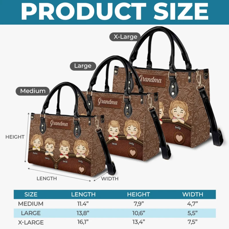 Grandma’s World In One Bag - Family Personalized Custom Leather Handbag - Mother's Day, Gift For Mom, Grandma