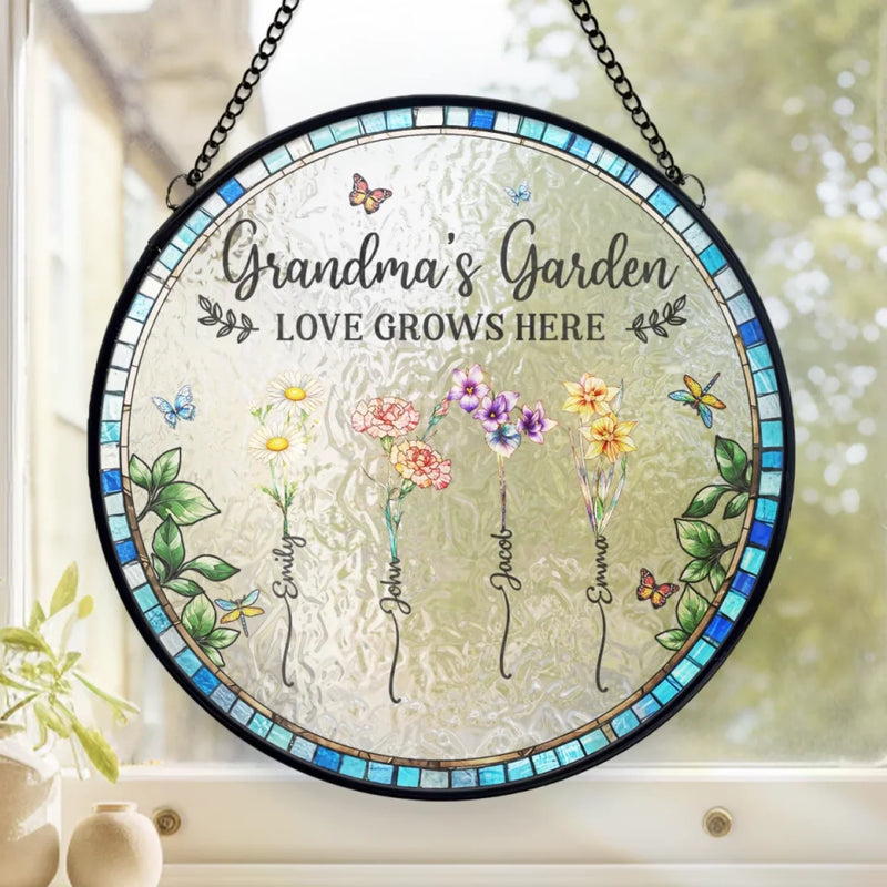Love Grows In Every Mother’s Heart - Family Personalized Custom Stained Glass Window Hanging Suncatcher - Mother's Day, Gift For Mom, Grandma